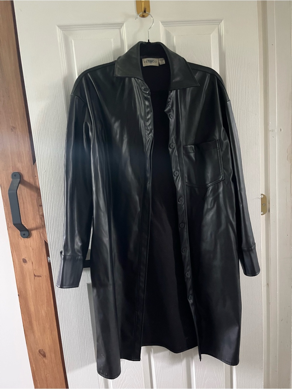 Black Faux Leather Button-Down Trench Coat - Size S